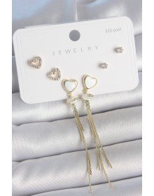 Pirinç Gold Renk Beyaz Mineli Sallantı Mineli Kalp Model Zirkon Taş Detaylı 925 Ayar Gümüş Çivi Kadın Küpe Seti
