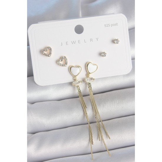 Pirinç Gold Renk Beyaz Mineli Sallantı Mineli Kalp Model Zirkon Taş Detaylı 925 Ayar Gümüş Çivi Kadın Küpe Seti