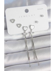 Pirinç Gümüş Sallantı Beyaz Mineli Kalp Model Zirkon Taşlı Kalp Detay 925 Ayar Gümüş Çivi Kadın Küpe Seti