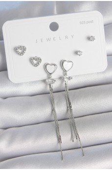 Pirinç Gümüş Sallantı Beyaz Mineli Kalp Model Zirkon Taşlı Kalp Detay 925 Ayar Gümüş Çivi Kadın Küpe Seti