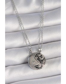 316L Çelik Gümüş Renk Zincir Zirkon Taşlı Ying Yang Model Gün Batımı İşlemeli Arakdaşlık Kadın Kolye