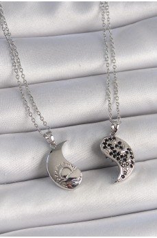 316L Çelik Gümüş Renk Zincir Zirkon Taşlı Ying Yang Model Gün Batımı İşlemeli Arakdaşlık Kadın Kolye