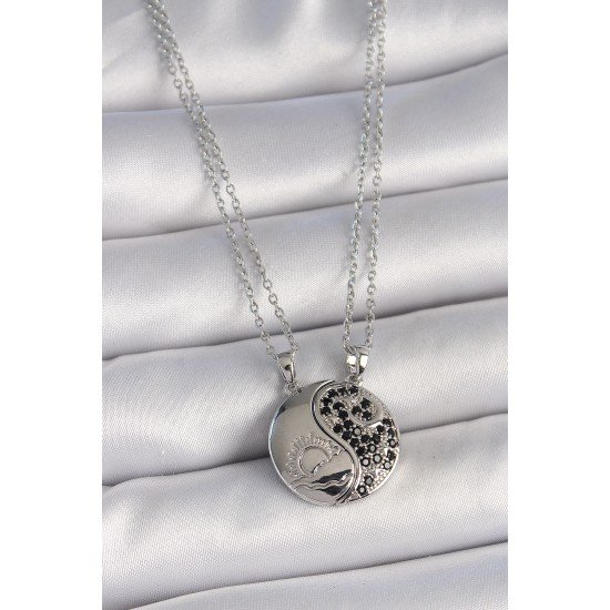 316L Çelik Gümüş Renk Zincir Zirkon Taşlı Ying Yang Model Gün Batımı İşlemeli Arakdaşlık Kadın Kolye