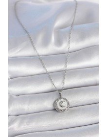 316L Çelik Gümüş Renk Zincir Beyaz Mineli Hilal İşlemeli Madalyon Model Kadın Kolye