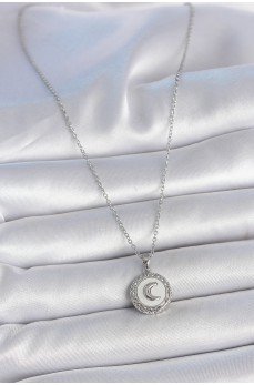316L Çelik Gümüş Renk Zincir Beyaz Mineli Hilal İşlemeli Madalyon Model Kadın Kolye 316L Çelik Gümüş Renk Zincir Beyaz Mineli Hilal İşlemeli Madalyon Model Kadın Kolye