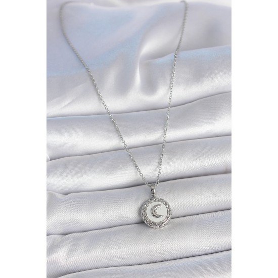 316L Çelik Gümüş Renk Zincir Beyaz Mineli Hilal İşlemeli Madalyon Model Kadın Kolye 316L Çelik Gümüş Renk Zincir Beyaz Mineli Hilal İşlemeli Madalyon Model Kadın Kolye