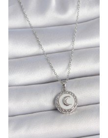 316L Çelik Gümüş Renk Zincir Beyaz Mineli Hilal İşlemeli Madalyon Model Kadın Kolye