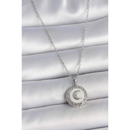 316L Çelik Gümüş Renk Zincir Beyaz Mineli Hilal İşlemeli Madalyon Model Kadın Kolye 316L Çelik Gümüş Renk Zincir Beyaz Mineli Hilal İşlemeli Madalyon Model Kadın Kolye