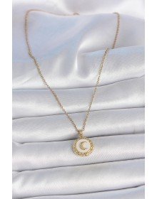 316L Çelik Gold Renk Zincir Beyaz Mineli Hilal İşlemeli Madalyon Model Kadın Kolye