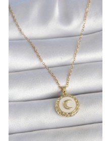 316L Çelik Gold Renk Zincir Beyaz Mineli Hilal İşlemeli Madalyon Model Kadın Kolye