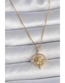316L Çelik Gold Renk Zincir Zirkon Taşlı Pusula Model Kadın Kolye