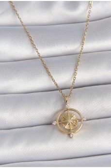 316L Çelik Gold Renk Zincir Zirkon Taşlı Pusula Model Kadın Kolye