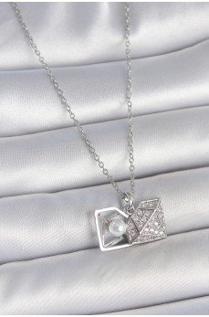 316L Çelik Gümüş Renk Zincir Zirkon Taşlı İncili Açılır Elmas Model Kadın Kolye