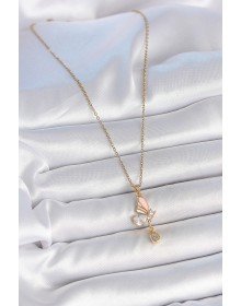 316L Çelik Gold Renk Zincir Damla Zirkon Taşlı Kelebek Model Sallantı Detay Kadın Kolye