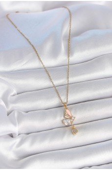 316L Çelik Gold Renk Zincir Damla Zirkon Taşlı Kelebek Model Sallantı Detay Kadın Kolye