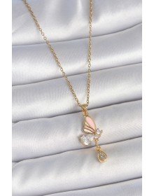 316L Çelik Gold Renk Zincir Damla Zirkon Taşlı Kelebek Model Sallantı Detay Kadın Kolye