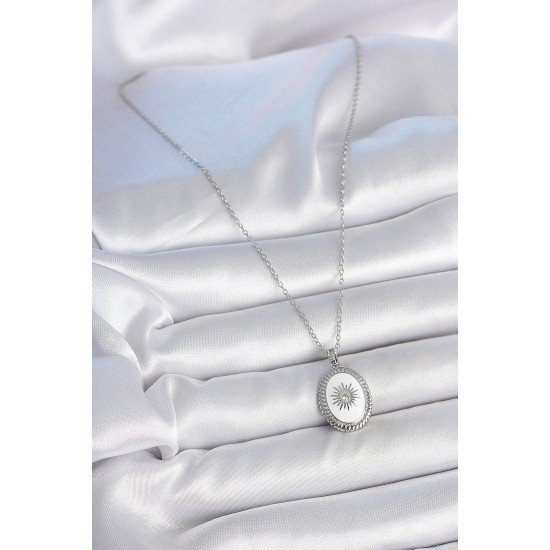 316L Çelik Gümüş Renk Beyaz Mineli Güneş İşlemeli Nazar Boncuk Detay Madalyon Model Kadın Kolye