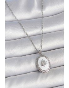 316L Çelik Gümüş Renk Beyaz Mineli Güneş İşlemeli Nazar Boncuk Detay Madalyon Model Kadın Kolye