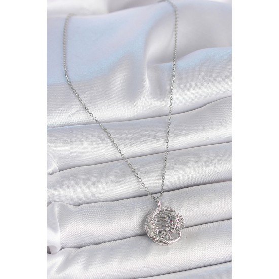 316L Çelik Gümüş Renk Zincir Ay Güneş Model Zirkon Taş Detay Kadın Kolye