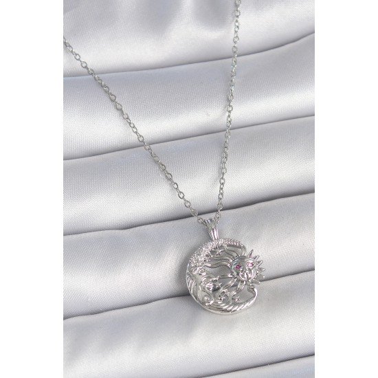 316L Çelik Gümüş Renk Zincir Ay Güneş Model Zirkon Taş Detay Kadın Kolye