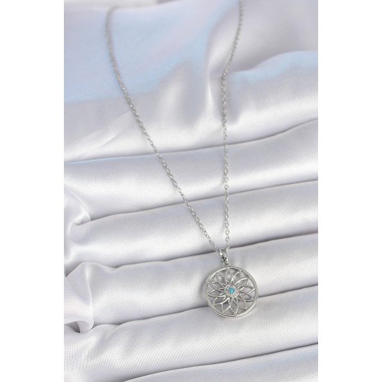316L Çelik Gümüş Renk Zincir Mavi Taşlı Lotus Model Kadın Kolye