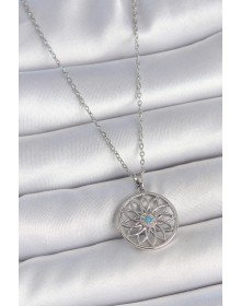 316L Çelik Gümüş Renk Zincir Mavi Taşlı Lotus Model Kadın Kolye