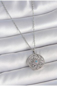 316L Çelik Gümüş Renk Zincir Mavi Taşlı Lotus Model Kadın Kolye