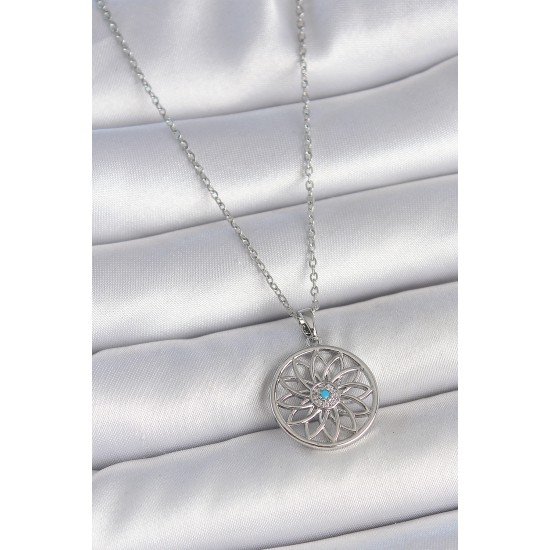 316L Çelik Gümüş Renk Zincir Mavi Taşlı Lotus Model Kadın Kolye