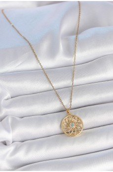 316L Çelik Gold Renk Zincr Mavi Taşlı Lotus Model Kadın Kolye