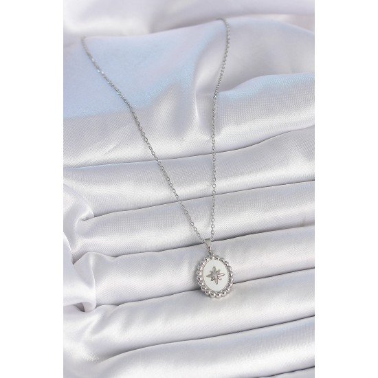 316L Çelik Gümüş Renk Zincir Beyaz Mineli Kutup Yıldız İşlemeli Madalyon Model Kadın Kolye