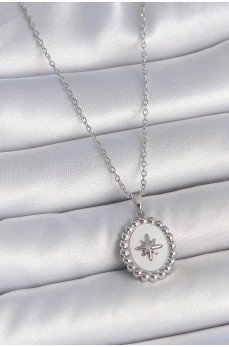 316L Çelik Gümüş Renk Zincir Beyaz Mineli Kutup Yıldız İşlemeli Madalyon Model Kadın Kolye