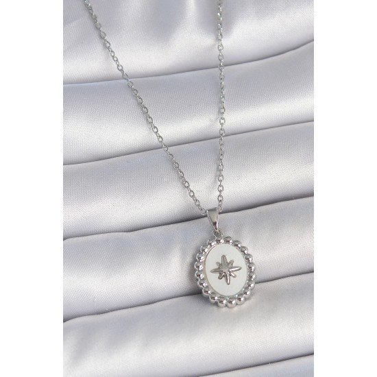 316L Çelik Gümüş Renk Zincir Beyaz Mineli Kutup Yıldız İşlemeli Madalyon Model Kadın Kolye