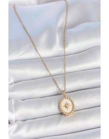 316L Çelik Gold Renk Zincir Beyaz Mineli Kutup Yıldız İşlemeli Madalyon Model Kadın Kolye