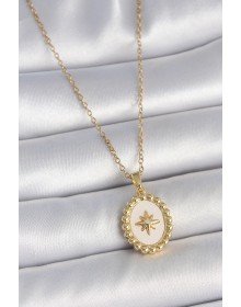 316L Çelik Gold Renk Zincir Beyaz Mineli Kutup Yıldız İşlemeli Madalyon Model Kadın Kolye