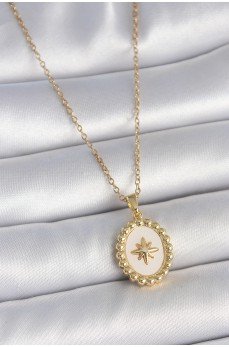 316L Çelik Gold Renk Zincir Beyaz Mineli Kutup Yıldız İşlemeli Madalyon Model Kadın Kolye