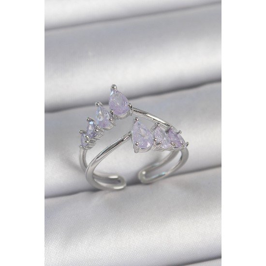 Pirinç Gümüş Renk Mor Damla Zirkon Taşlı Taç Model Kadın Yüzük Pirinç Gümüş Renk Mor Damla Zirkon Taşlı Taç Model Kadın Yüzük