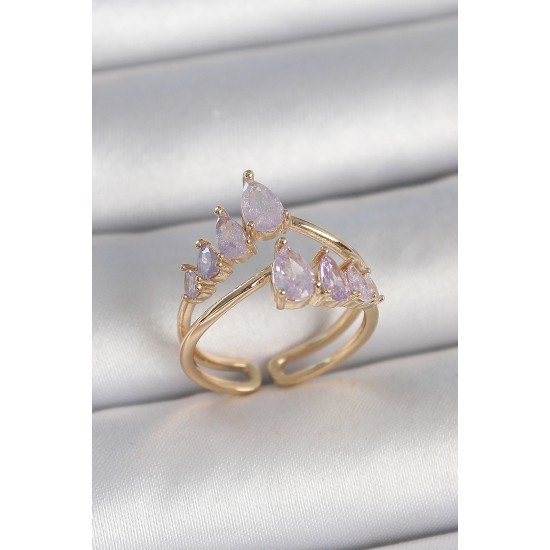 Pirinç Gold Renk Mor Damla Zirkon Taşlı Taç Model Kadın Yüzük Pirinç Gold Renk Mor Damla Zirkon Taşlı Taç Model Kadın Yüzük