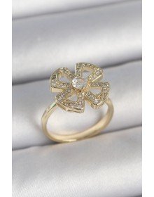 Pirinç Gold Renk Zirkon Taşlı Yonca Model Ayarlanabilir Kadın Yüzük