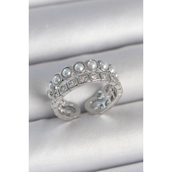 Pirinç Gümüş Renk 2'Li Sıra Zirkon Taşlı Ve İncili Ayarlanabilir Kadın Yüzük