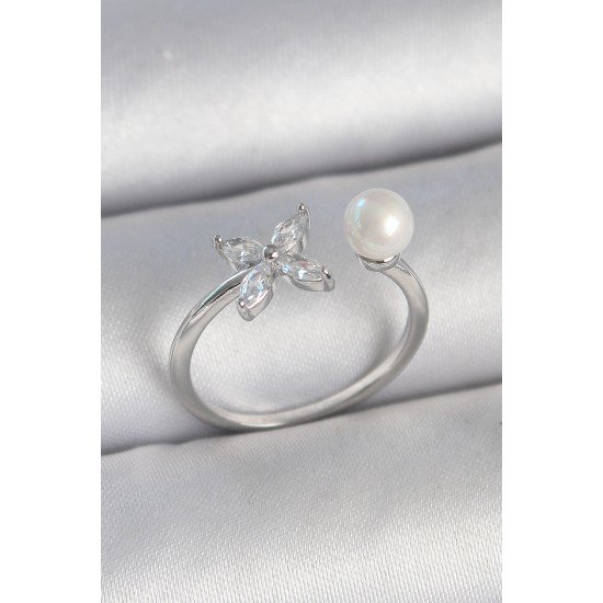 Pirinç Gümüş Renk Zirkon Taşlı Çiçek Model İnci Detay Ayarlanabilir Kadın Yüzük