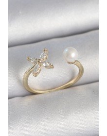 Pirinç Gold Renk Zirkon Taşlı Çiçek Model İnci Detay Ayarlanabilir Kadın Yüzük