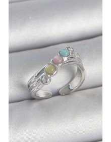 Pirinç Gümüş Renk Zirkon Taş Detaylı Renkli Mineli Ayarlanabilir Kadın Yüzük