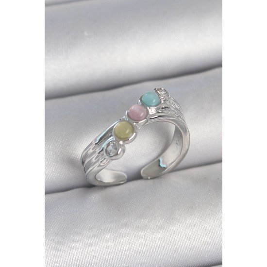 Pirinç Gümüş Renk Zirkon Taş Detaylı Renkli Mineli Ayarlanabilir Kadın Yüzük