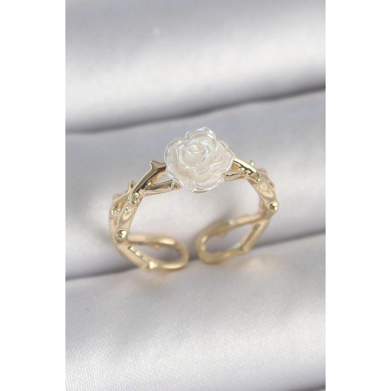 Pirinç Gold Renk Beyaz Gül Model Ayarlanabilir Kadın Yüzük Pirinç Gold Renk Beyaz Gül Model Ayarlanabilir Kadın Yüzük
