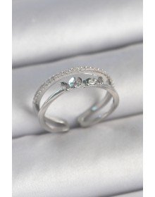 Pirinç Gümüş Renk 2'Li Zirkon Taş Detaylı Kelebek Figür Ayarlanabilir Model Kadın Yüzük