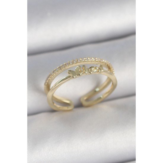 Pirinç Gold Renk 2'Li Sıra Zirkon Taş Detaylı Kelebek Figürlü Ayarlanabilir Model Kadın Yüzük