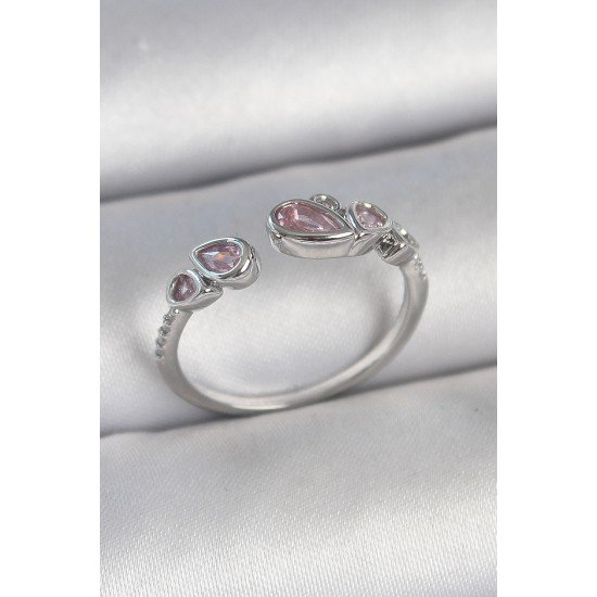 Pirinç Gümüş Renk Pembe Damla Zirkon Taşlı Ayarlanabilir Model Kadın Yüzük