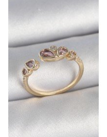 Pirinç Gold Renk Pembe Damla Zirkon Taşlı Ayarlanabilir Kadın Yüzük