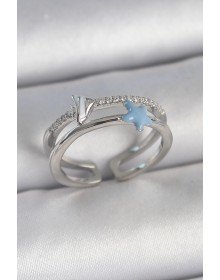 Pirinç Gümüş Renk 2'Li Zirkon Taşlı Mavi Yıldız Figür Ayarlanabilir Kadın Yüzük