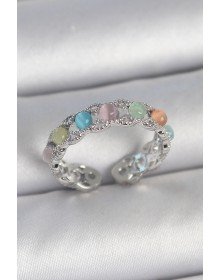 Pirinç Gümüş Renk Renkli Mineli Ayarlanabilir Kadın Yüzük